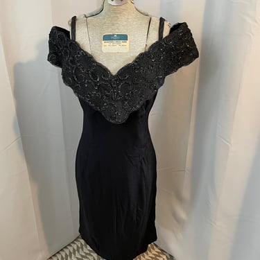 1980s vintage Pretty Woman Black Off Shoulder mini Dress Glitter Lace Crepe S 