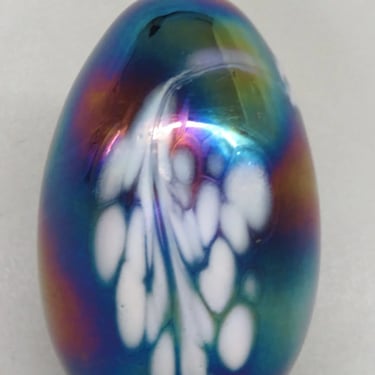 Art Glass Iridescent Rainbow and White Swirl Egg Shape Paperweight 3715B