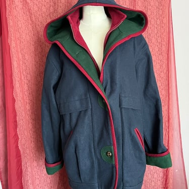 Vintage Wool Jacket, Hooded Parka, Color Block Coat, big Pockets, 80s 90s 