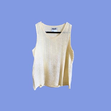 FLAX Linen Tank Top, Vintage 90s Flax Label Pastel Yellow Tank Top, Loose Fit Oversized Slouchy Cream Casual Top, Minimal Simple Basic 