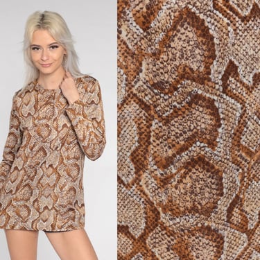 Snakeskin Blouse 70s Scale Pattern Top Snake Skin Animal Print Shirt Half Button Up Long Sleeve Retro Glam Brown Tan Vintage 1970s Small S 