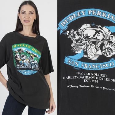 Harley Davidson Pig T-Shirt, Vintage Haulin Hogs Tee, Dudley Perkins Motorcycle Dealer, Front Back Logos 