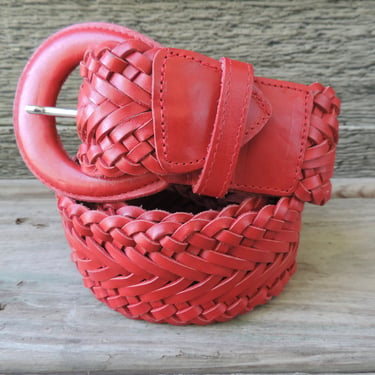 red woven belt vintage leather braided boho waist accessory large XL 