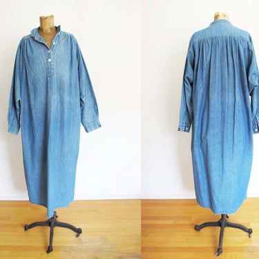 Vintage 80s Denim Midi Dress - 1980s Long Sleeve Relaxed Casual Mumu Sundress - Minimalist Sack Blue Jean Dress 