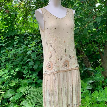 1920's Champagne Silk Chiffon Dress - Sheer Chiffon with Sequins, Beads & Rhinestones - Scalloped  Hemline - Authentic Vintage - Size Small 