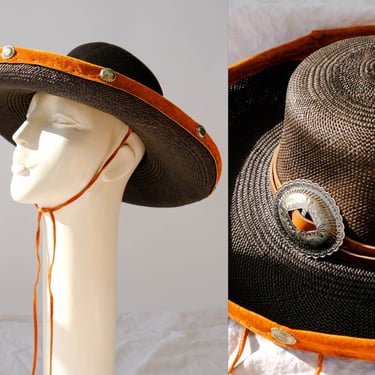 Vintage 80s Carol Carr Palm Beach Black Straw Wide Brim Sun Hat w/ Tan Suede Leather Silver Concho Accents | 1980s Designer Western Sun Hat 