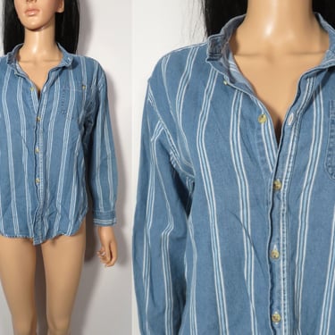 Vintage 90s Denim Striped Button Up Shirt Size Womens XS Or Youth 14 