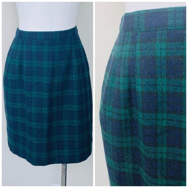1990s Vintage Petite Sophisticates Blue and Green Plaid Mini Skirt / 90s Wool and Acrylic Preppy Skirt / Size Medium 