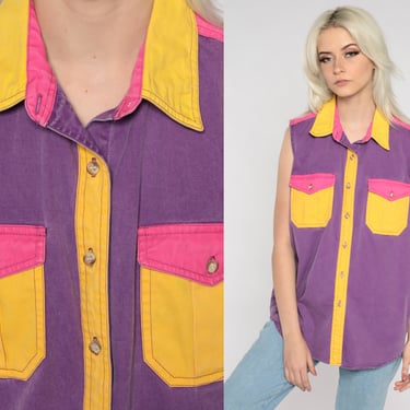 Color Block Shirt Collared Bright Tank Top Button Up Shirt 80s Purple Pink Yellow Blouse Sleeveless Shirt Button Down 1980s Vintage Medium M 