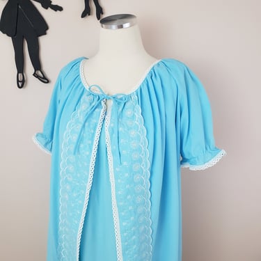 Vintage 1950's Blue Nightgown Set / 60s Peignoir Lounge Wear Lingerie Robe S 