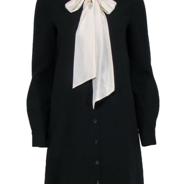 Kate Spade - Black Crepe Shirt Dress w/ Cream Neck Tie Sz 4