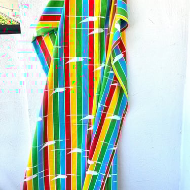 Vintage 70s Rainbow Graphic Flat Sheet // Red Yellow Green Blue Bird Bedding Fabric Tablecloth 