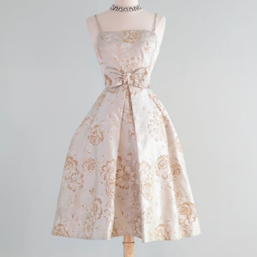 Prettiest 1950's Pearly Satin Floral Print Party Dress / XS