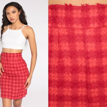 Plaid Pencil Skirt 80s WOOL Mini Wiggle Red Checkered High Waisted School Girl Preppy Check Retro Vintage Secretary 1980s Extra Small XS 