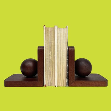 Vintage Bookends Retro 1960s Mid Century Modern + Brown Wood + Balls + 2 Piece Set + Book Display + Storage + MCM Home Decor + Organization 