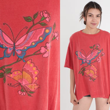 Glitter Butterfly Shirt 90s Floral T-Shirt Sparkly Flower Butterflies Graphic Tee Gardening Single Stitch Red Vintage 1990s Extra Large xl 