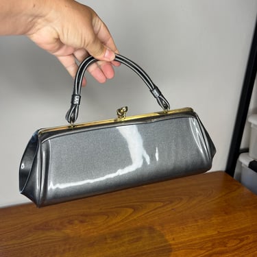 Step Into It - Vintage 1950s 1960s Grey A Frame Long Vinyl Handbag Purse 