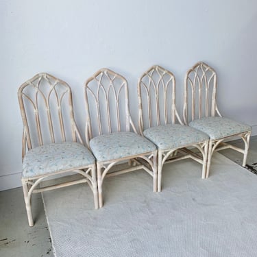 Set of 4 Cathedral Dining Chair by Henry Link - Vintage Bamboo Rattan Palm Beach Hollywood Regency Coastal Style Furniture 