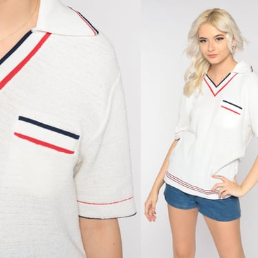 70s Terry Cloth Shirt White Tennis Shirt Retro Polo Ringer Shirt Short Sleeve Preppy T Shirt Red Blue Collared Top Vintage 1970s Mens Medium 