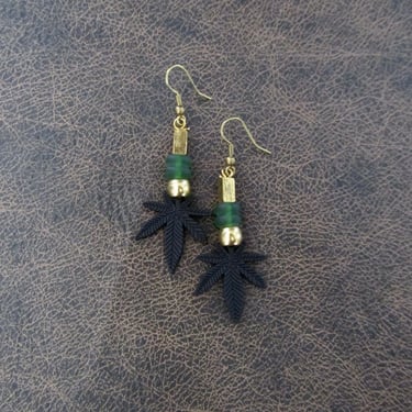Hemp leaf earrings, marijuana earrings, black earrings, rustic boho earrings, bohemian earrings, unique earrings, Mary Jane, cannabis 2 