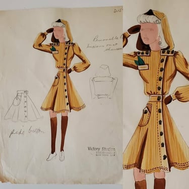 1940s Original Fashion Design Painting 40s Artwork 40's Home Decor 