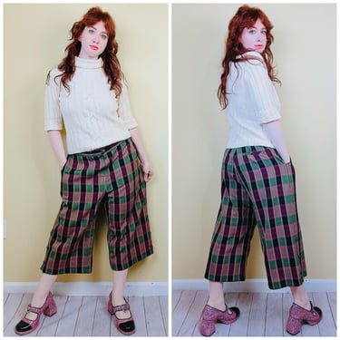 1990s Vintage Punk Rayon Plaid Gaucho Pants / 90s Low Rise Wide Leg Cropped Pink Green and Brown Trousers / Size XL Waist 35