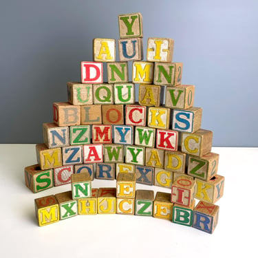 55 wooden alphabet blocks in two sizes - 1960s vintage 