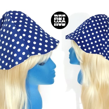 NWOT Incredibly Mod Vintage 60s 70s Navy Blue & White Polka Dot Cotton Hat 