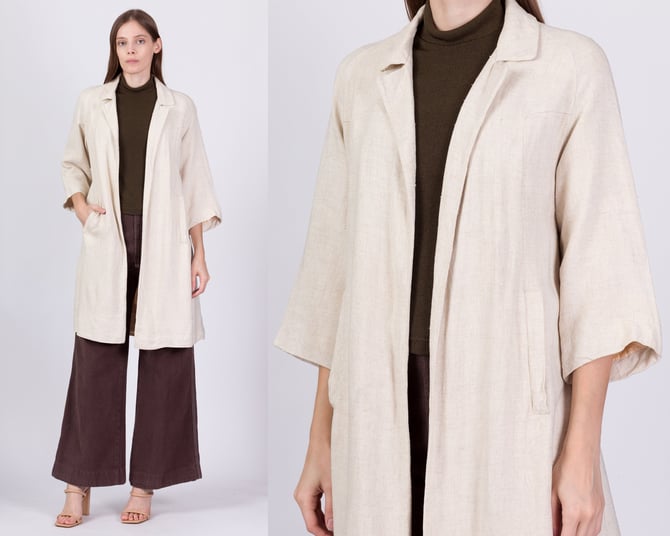 60s 70s Minimalist Woven Jacket - Medium | Vintage Boho Open Fit 3/4 Sleeve Long Jacket 