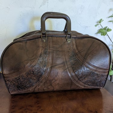 Unique Vintage Brown Faux Leather Top Handle Luggage Bag 