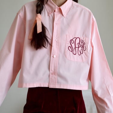 cropped vintage pink embroidered inital mens oxford button down shirt 