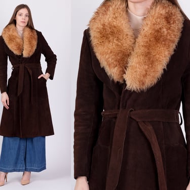 70s Suede Belted Shearling Collar Coat - Extra Small | Vintage Chocolate Brown Sherpa Penny Lane Long Jacket 