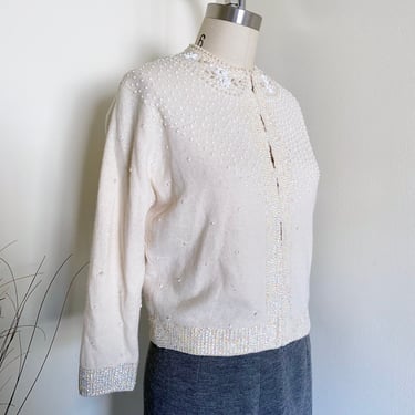 Vintage 60's Beaded Creme Cardigan, Petite Size 