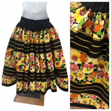 Vintage VTG 1970s 70s Floral Handpainted Tiered Folk Full Circle Skirt 