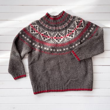 Fair Isle sweater | 90s vintage Eddie Bauer gray red wool hand knit heavy folk academia mock neck sweater 