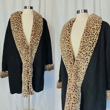 Black Wool Faux Fur Leopard Print Shawl Collar 