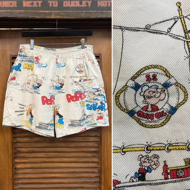 Vintage 1970’s w30-32 Popeye the Sailor Cartoon Pop Art Cotton Twill Swim Trunks,  70’s TV Show, Vintage Clothing 
