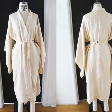 Vintage Japanese Silk Kimono Robe - Cream Off White Long Dressing Robe - Bridal Getting Ready Lounge Robe - Chinoiserie Boudoir Lingerie 