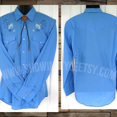 Karman Vintage Western Men's Cowboy & Rodeo Shirt, Embroidered Blue Flowers on Front Yoke, Tag Size 15.5-35, Approx. Small (see meas. photo) 