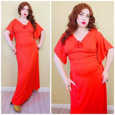 1970s Vintage Orange Polyester Knit Disco Dress / 70s Flared Sleeves Floral Smocked Waist Maxi / Size Small - Medium 
