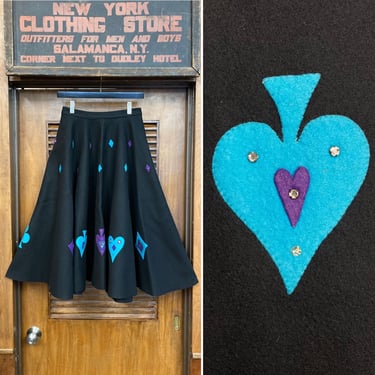 Vintage 1950’s Playing Card Suits Felt Appliqué Original Rockabilly Circle Skirt, 1950s, Rockabilly, Appliqué, Spade, Heart, Club, Diamond 