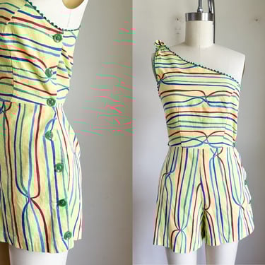 Vintage 1940s Striped One Shoulder Playsuit Romper / XS 