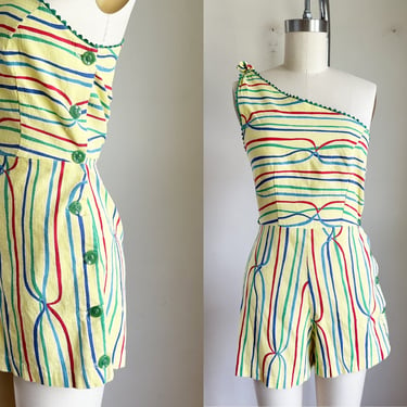 Vintage 1940s Striped One Shoulder Playsuit Romper / XS 