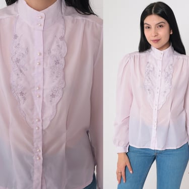 Lavender Embroidered Blouse 70s Semi-Sheer Floral Puff Sleeve Cutout Top Light Purple Victorian Button up Shirt Cutwork Vintage 1970s Small 