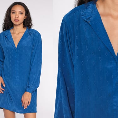 Blue Mini Dress 80s Embossed Geometric Button Up Dress Vintage Long sleeve Shirtdress Shift Dress Casual Basic Silky Extra Large xl 