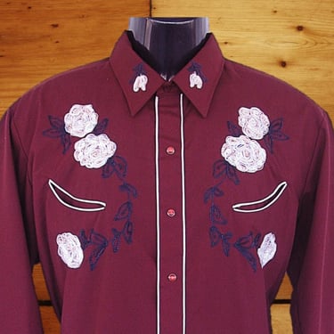 Karman Vintage Western Men's Cowboy, Rodeo Shirt, Burgundy with Light Gold Embroidered Flowers, 17-35, Approx. XLarge (see meas. photo) 