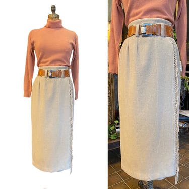 1990s maxi skirt, beige wool, vintage 90s skirt, express, southwestern style, tassel trim, high waist, minimalist, Santa Fe, 28 29 waist 