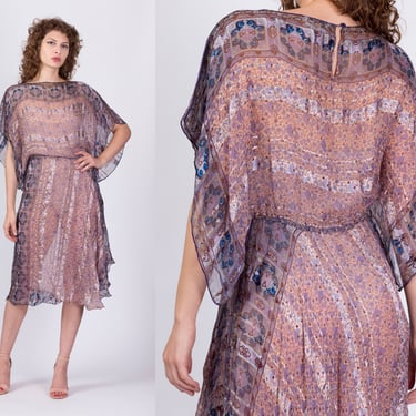 70s Boho Silk Sheer Floral Midi Dress - Medium | Vintage Icinoo Silk Farms Purple Flowy Summer Sundress 