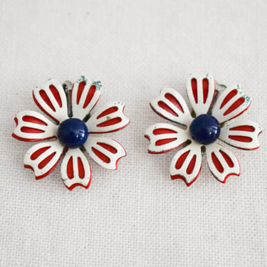 1960s Red, White, and Blue Flower Clip Earrings 