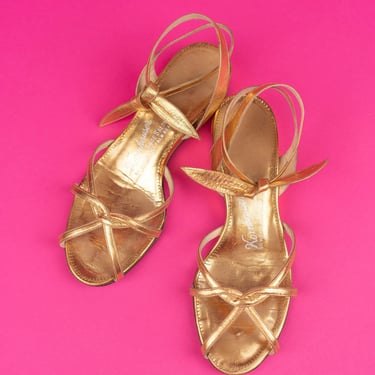 Vintage 50s Kornhauser Palm Beach Gold Leather Strappy Flat Sandals with Ankle Tie Size 5.5M 